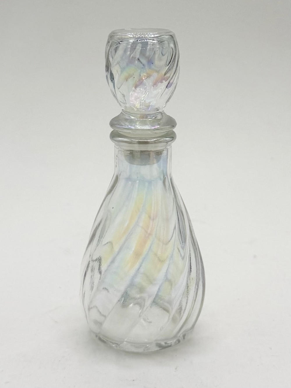 VTG Iridescent Molded Glass Bottle Swirl Design W/ Stopper Vanity 4” Gently Used